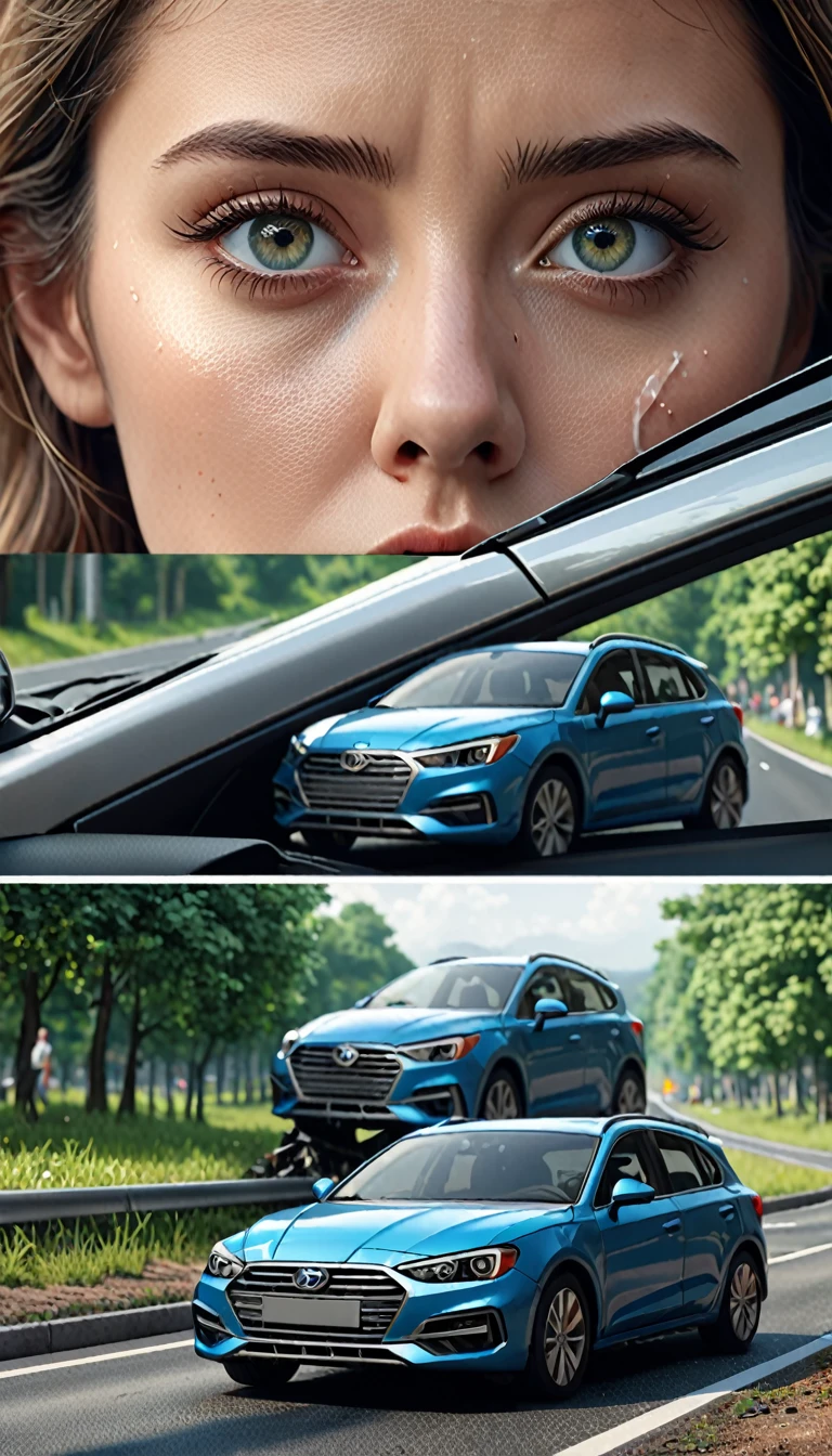 Split-screen with a car accident image and a person looking contemplative photorealistic render, ultra realistic 3d illustration, amazing photorealistic graphics, hyperrealism. fantasy 4k, intricate eye detail focus, beautiful photorealistic imagery, hyper realistic 3 d render, hyper realistic render, hyper realistic detailed render, hyperrealistic vfx render, hyper - realistic render