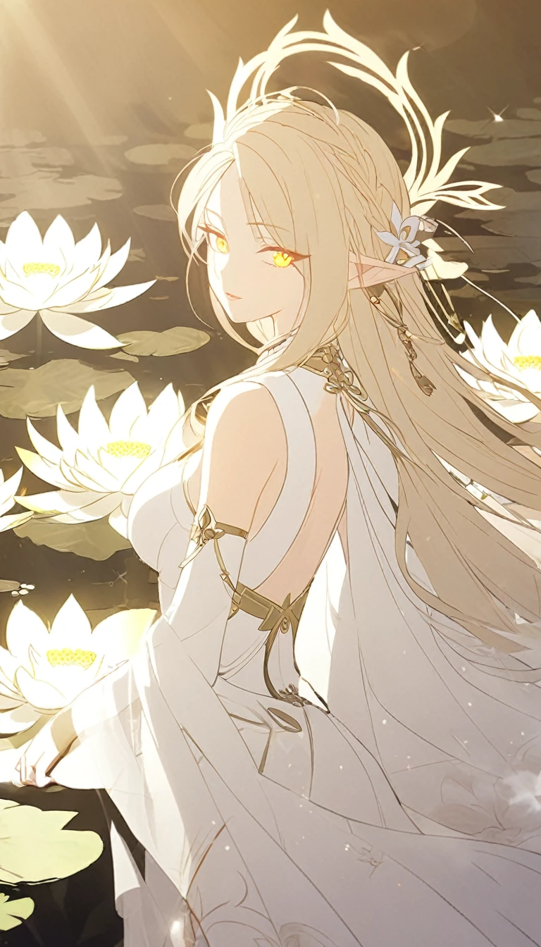 1woman, elven ears, white god, light blonde hair, longest hairstyle, glowing yellow eyes, white lotus, white light princess, elegant thai dress,