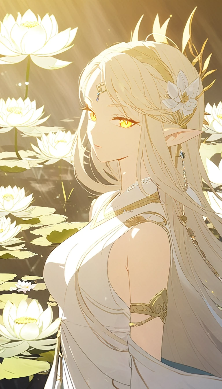 1woman, elven ears, white god, light blonde hair, longest hairstyle, glowing yellow eyes, white lotus, white light princess, elegant thai dress,