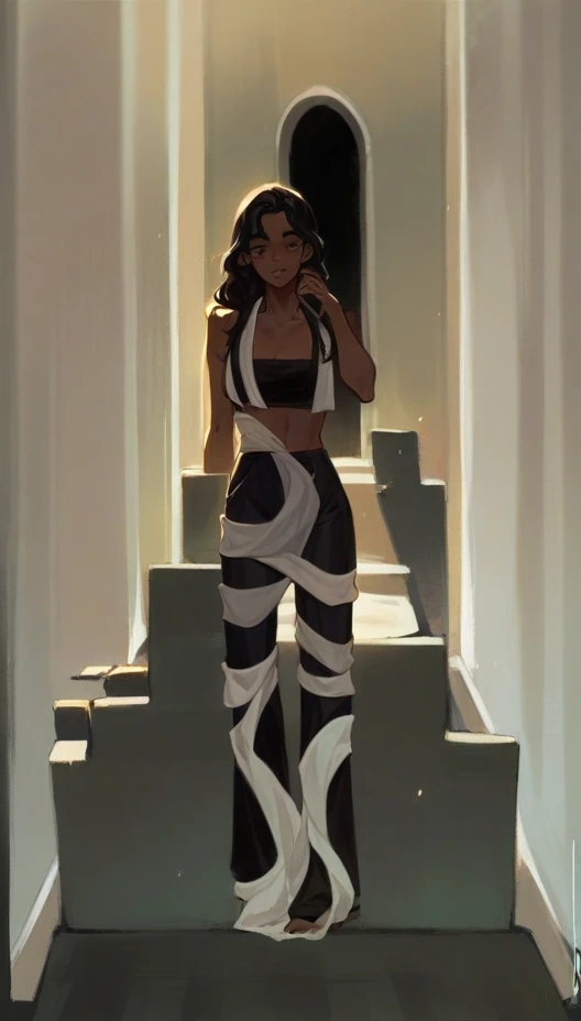 skin black, long hair with waves