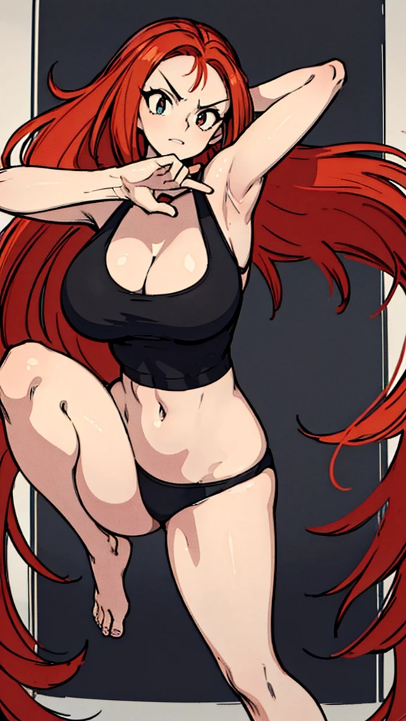 Masterpiece, best quality, Masterpiece, best quality, 1 woman, wavy red hair, sly face , black tank top, black panties , big breasts , Put your hands on your hips.... , Barefoot , convenience store