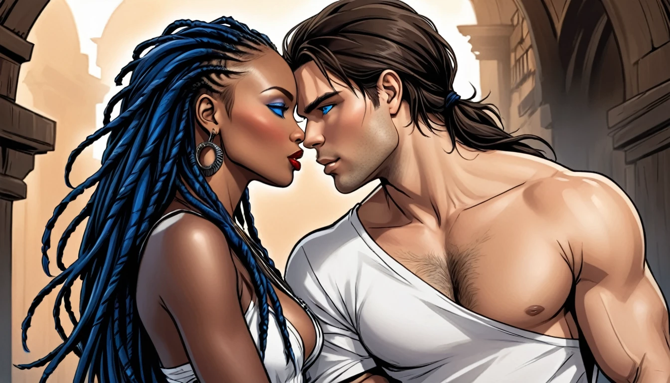 source_comic, beautiful man based on Damon Salvatore, in a mercenary outfit, shirtless, seductive, blue eyes, kissing a african woman, white shirt, dreads hair