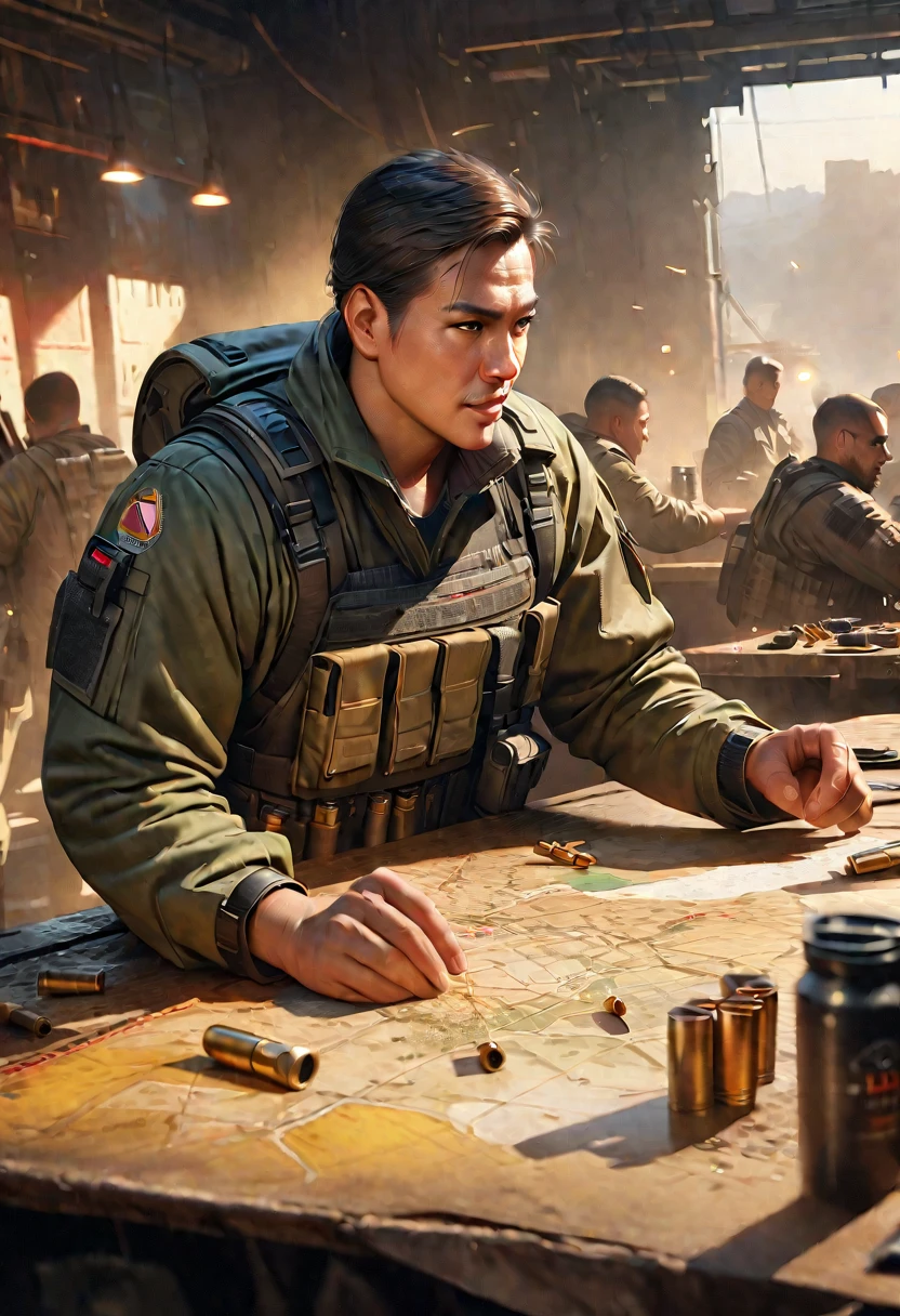A group of counter-terrorists and terrorists in dynamic action poses, (best quality,4k,8k,highres,masterpiece:1.2),ultra-detailed,(realistic,photorealistic,photo-realistic:1.37),HDR,UHD,studio lighting,ultra-fine painting,sharp focus,physically-based rendering,extreme detail description,professional,vivid colors,bokeh,concept art,illustration,digital painting,explosive,bullet casings,tactical gear,montage of iconic maps and locations such as Dust II,Nuke,Inferno,bold and vibrant colors including greens,yellows and blacks,Counter-Strike logo,Valve logo,large "25 Years" text in a modern sleek font,Celebrating 25 Years of Tactical Excellence