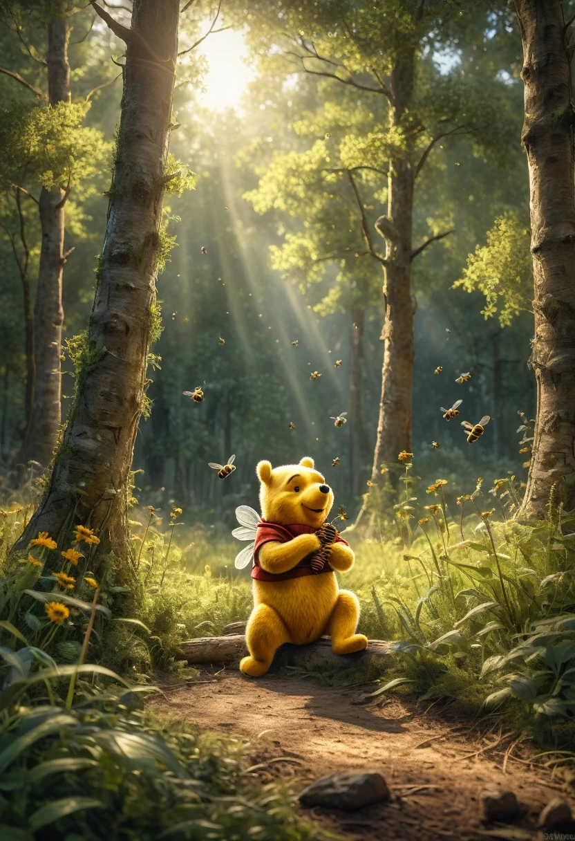 Watercolor painting HDR photo of Hyperrealistic art masterpiece of Winnie The Pooh playng with bees, in a forest clearing, early evening, The Pooh has highly textured fur . Extremely high-resolution details, photographic, realism pushed to extreme, fine texture, incredibly lifelike . High dynamic range, vivid, rich details, clear shadows and highlights, realistic, intense, enhanced contrast, highly detailed, 3D render, ((hyper realism)), sharp focus, cinematic lighting, photo realistic, hyper realistic. 4k, natural, global illumination, caustics, ratytracing, Unreal Engine, highly detailed, trending on Artstation . Vibrant, beautiful, painterly, detailed, textural, artistic