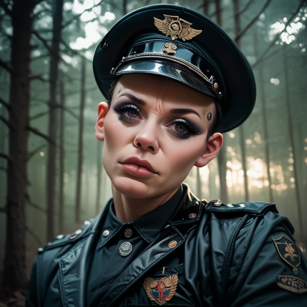 beautiful ((similing)) relytvil posing in (dynamic pose) as a world war 2 diesel punk army officer, black leather uniform with cleavage wearing leather army hat, photo referenced, highest quality, high quality, (detailed face and eyes), dusk lighting,, strong makeup, industrial, outdoor snow forest background ((close up))