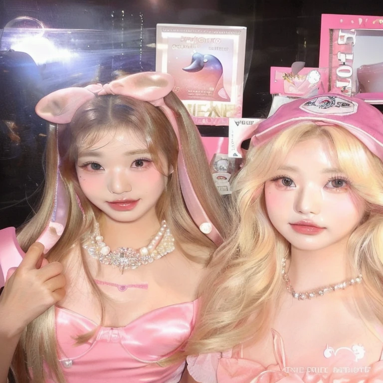 Two women dressed in pink posing for a photo in a store., beautiful dolphin, fairy core, ulzzang, nixeu and sakimichan, South Korean popular makeup, kawaii aesthetic, lolita style, Wig, Sakimichan and Frank Franzzeta, beautiful gemini twins, very aesthetic!!!!!!, peach and gum style, the hime cut