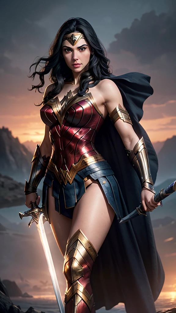 a woman with long dark hair, beautiful detailed eyes, beautiful detailed lips, extremely detailed face, long eyelashes, wielding a sword, thick thighs, muscular body, GAL GADOT, wonder woman, battlefield background, sunset lighting, glowing sword, dramatic lighting, cinematic, epic, highly detailed, hyper realistic, 8K, photorealistic, masterpiece, best quality