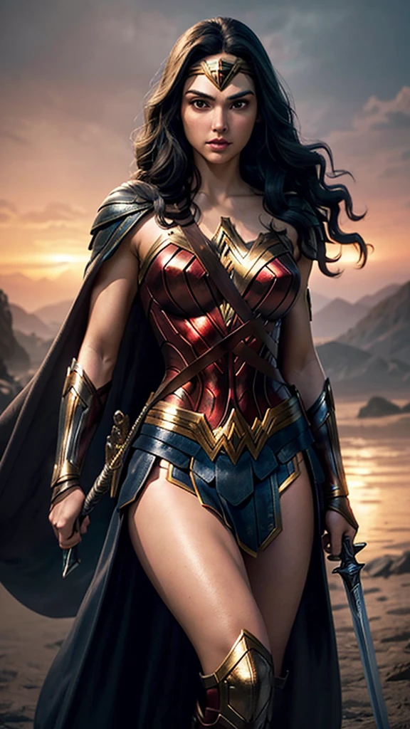 a woman with long dark hair, beautiful detailed eyes, beautiful detailed lips, extremely detailed face, long eyelashes, wielding a sword, thick thighs, muscular body, GAL GADOT, wonder woman, battlefield background, sunset lighting, glowing sword, dramatic lighting, cinematic, epic, highly detailed, hyper realistic, 8K, photorealistic, masterpiece, best quality