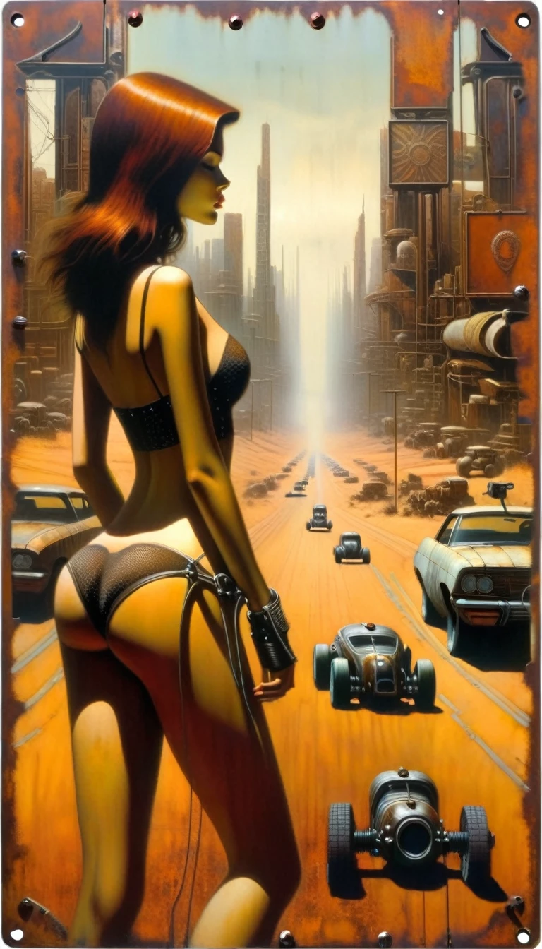 road sign in the desert rusty smooth metal panel with screwed and welded parts, advertisement with a girl in lingerie, in the distance you can see a futuristic city (Dave Mckean inspired art, intricate details, oil painting)
