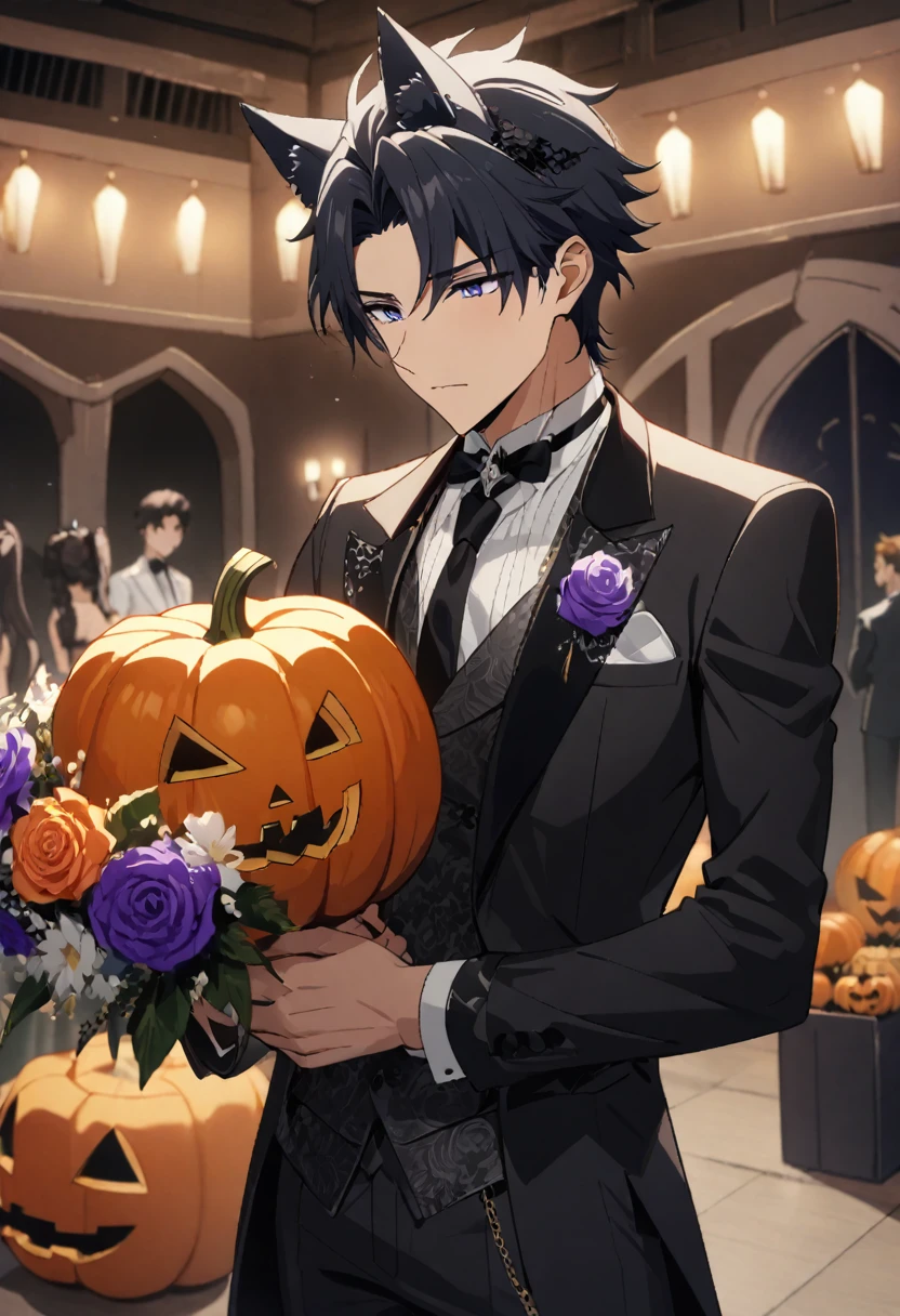 1boy, 25 years old refresh handsome holy knight man, wolf ear headband,top wearning tuxedo jacket only,bottom wearning swimsuit only,having Halloween pumpkin and wedding bouquet, Halloween and dark wedding chapel, middle muscler, knight is fall into darkness, japan anime style, masterpiece, best quality, very aesthetic, absurdres