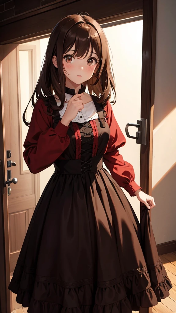 Pretty girl, Brown hair, brown eyes, period dress, she is surrounded by two shadows, one red and one black