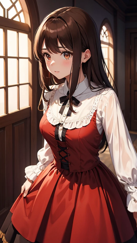 Pretty girl, Brown hair, brown eyes, period dress, she is surrounded by two shadows, one red and one black 