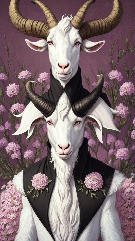 an anthropomorphic white goat, decked out in an elegant black dress, its horns are covered in flowers. In the style of Wayne barlowe.