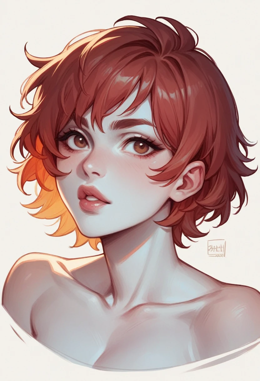 Anime style, 1women, naked, big butt, hourglass shape, seductive expression, bright red lips, sexy tattoo on hand, neck red head hair, short hair , wavy hair, messy hair, curly hair, beautiful detailed eye, beautiful detailed blue eye, sexy neckline, large neckline