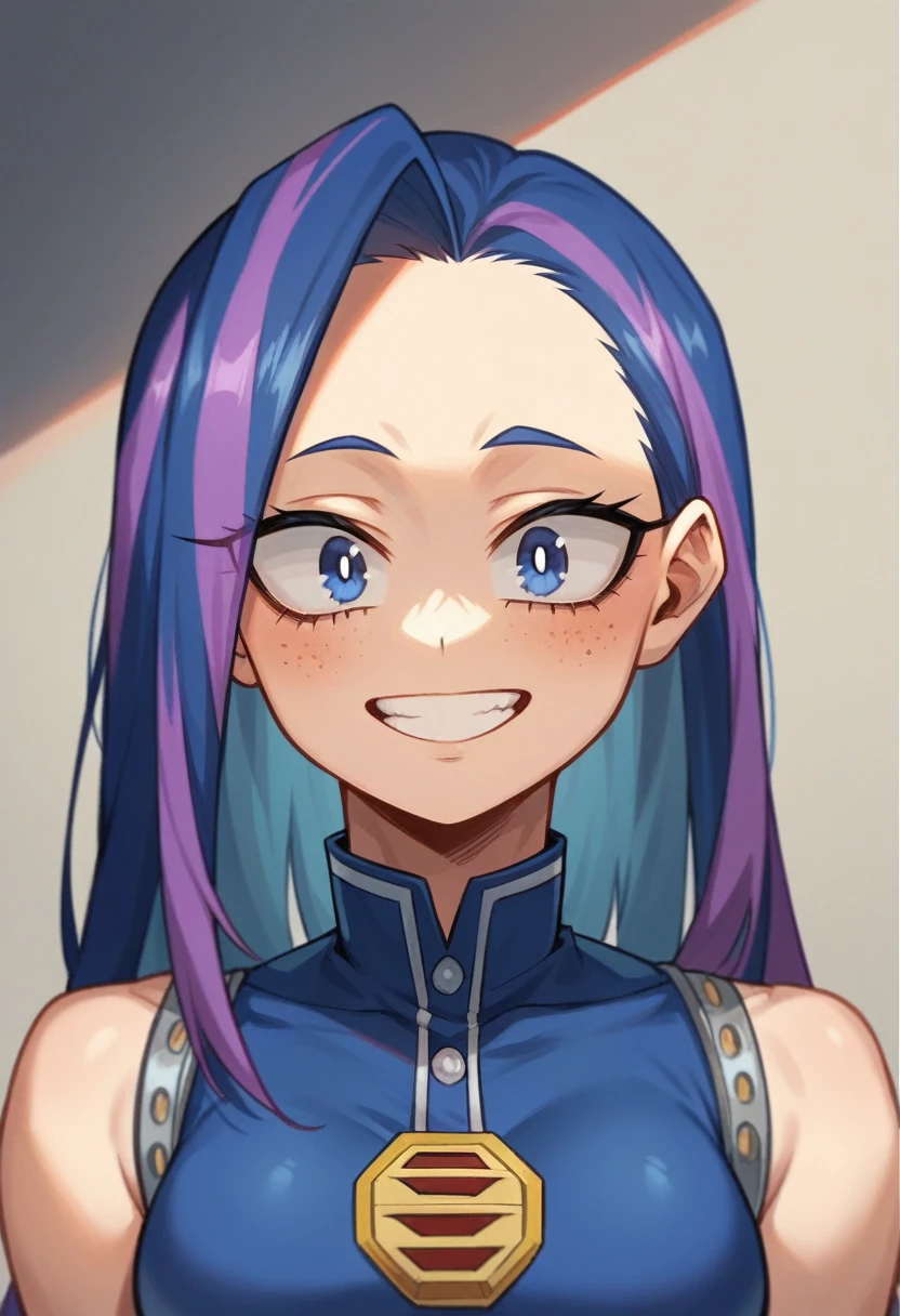Screenshot of My Hero Academia, a girl with , long hair, almost black blue color with purple highlights., with sapphire blue eyes and purple shadow with a tender look with purple freckles and happy wearing the boku no hero academia UA style