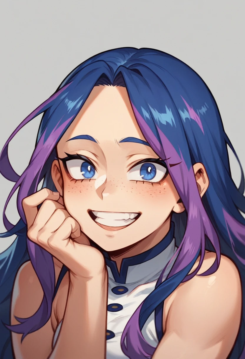 Screenshot of My Hero Academia, a girl with , long hair, almost black blue color with purple highlights., with sapphire blue eyes and purple shadow with a tender look with purple freckles and happy wearing the boku no hero academia UA style