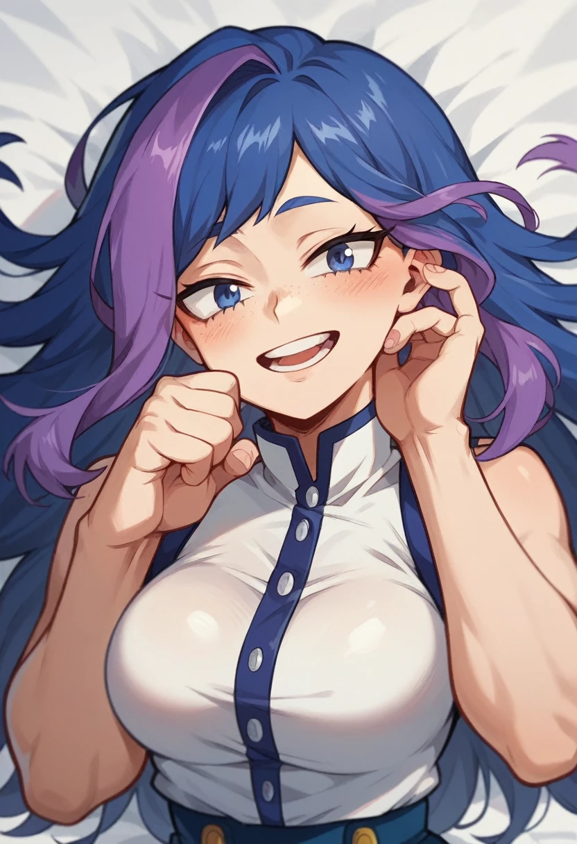 Screenshot of My Hero Academia, a girl with , long hair, almost black blue color with purple highlights., with sapphire blue eyes and purple shadow with a tender look with purple freckles and happy wearing the boku no hero academia UA style