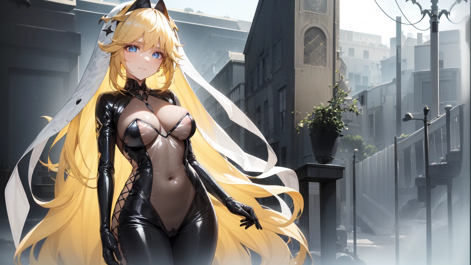 ((((Obra maestra, La mejor calidad, ultrahigh resolution)))), 1girl, standing, (sexy latex costume), ((long yellow hair, yellow hair over eye)), long hair cut, shiny skin, ((blue eyes)), glowing_eyes, neon eyes, (ultra detailed eyes:0.7, beautiful and detailed face, detailed eyes:0.9), ((centered)), smile, ((wide shot)), facing viewer, ((vibrant background, bright lighting, summer, sunlight)), flat chested, looking at viewer, ((half closed eyes)), ((perfect hands)), (((head:1, arms, hips in view, elbows, arms, legs, in view))), ((hands behind back)), empty eyes, beautiful lighting, ((outside, outdoors)), defined subject, head tilt, (((gritty)), ((creepy)), ((cool)), ((beautiful)), (((SFW))), seductive smile, seductive woman, sexy woman, teasing, Translucent Bunnysuit
