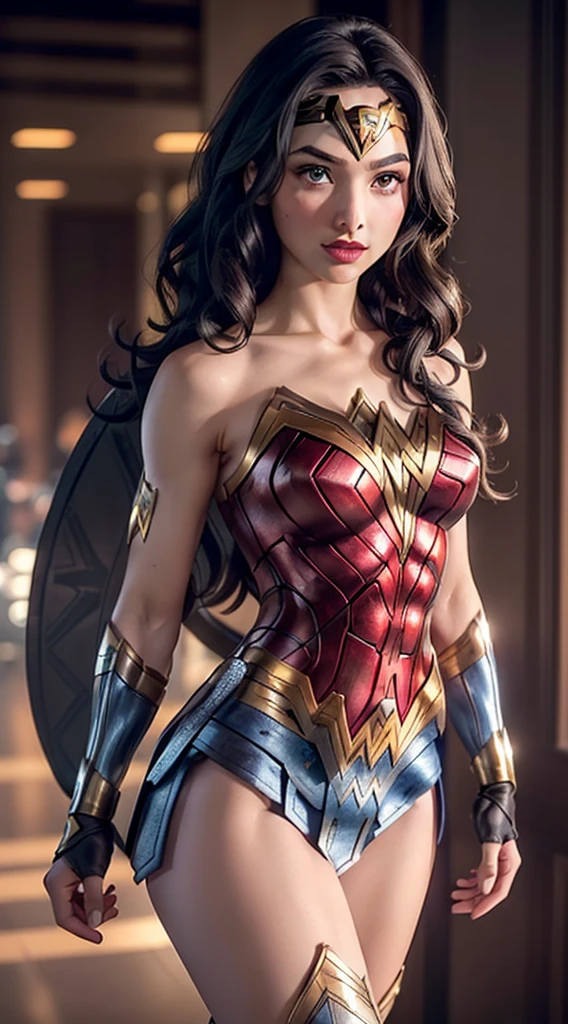 ((solo, Wonder woman, (GAL GADOT, dark purple eyes, black hair, long hair), High Definition，lipstick, Extremely detailed, ambient soft lighting, 8K, perfect eyes, a perfect face, perfect lighting, a 1girl)), ((solo, (1woman, lipstick), Extremely detailed, ambient soft lighting, 4K, perfect eyes, a perfect face, perfect lighting, a 1girl)), , ((fitness,, shapely body, athletic body, toned body)), ((wonder woman uniform suit, Women&#39;s eyes， pencil skirt, high heels, white dress shirt open, office, sofa, desk, gold jewelry, emerald earrings, bracelets, executive woman, emerald necklace, purple belt))