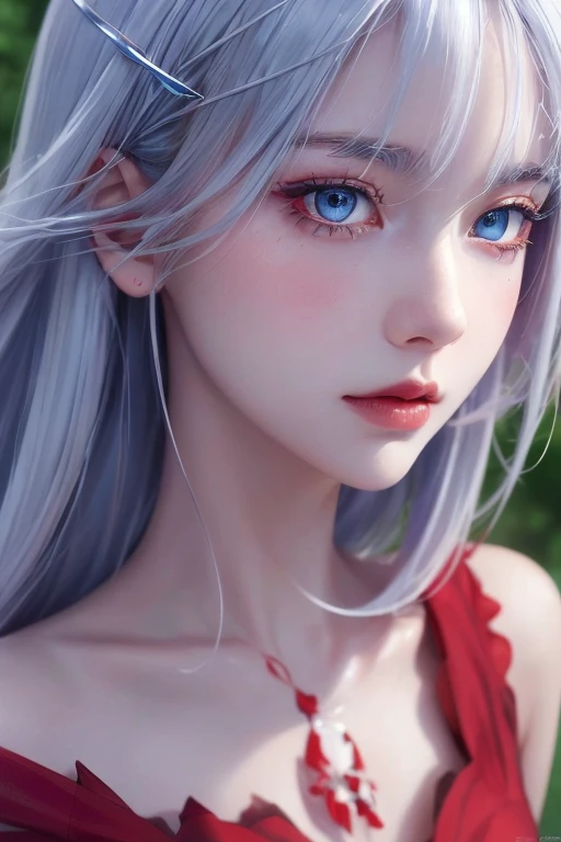 destiny, small breasts , medium hair, silver hair,( blue eyes:1.1), serene expression, standing, upper body, outdoors, red dress, (close-up:1.4), face, eyeliner, (high resolution illustration), girl, (high quality), 1girl, 4k, detailed background, face marks,