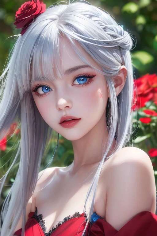 destiny, small breasts , medium hair, silver hair,( blue eyes:1.1), serene expression, standing, upper body, outdoors, red dress, (close-up:1.4), face, eyeliner, (high resolution illustration), girl, (high quality), 1girl, 4k, detailed background, face marks,