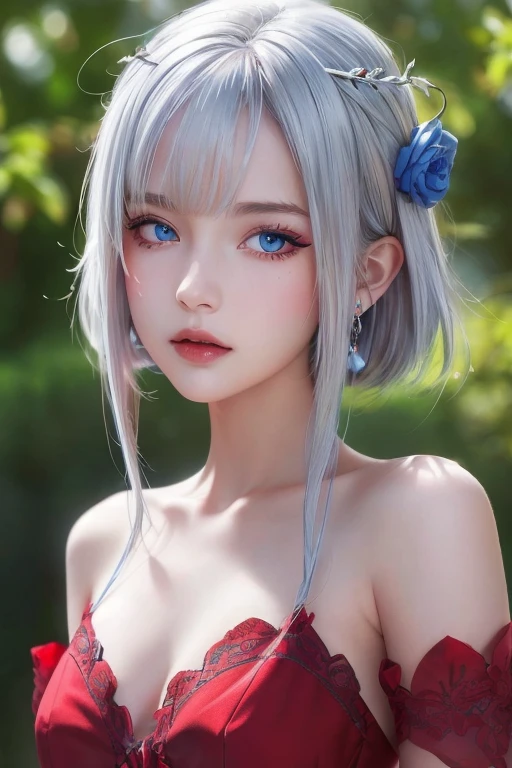 destiny, small breasts , medium hair, silver hair,( blue eyes:1.1), serene expression, standing, upper body, outdoors, red dress, (close-up:1.4), face, eyeliner, (high resolution illustration), girl, (high quality), 1girl, 4k, detailed background, face marks,