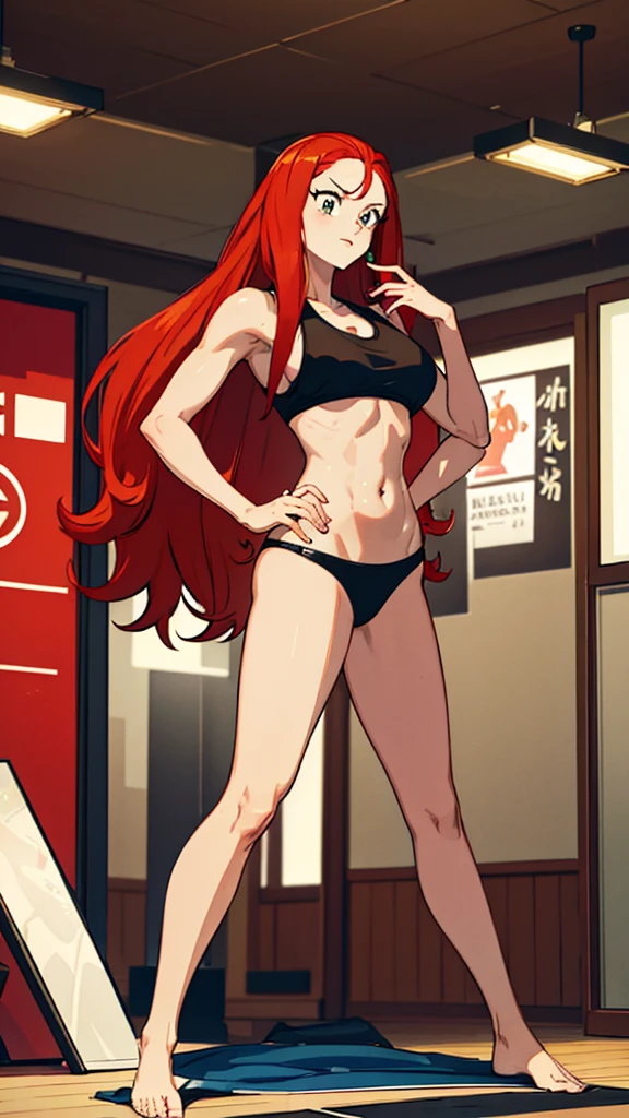 Masterpiece, best quality, Masterpiece, best quality, 1 woman, wavy red hair, sly face , black tank top, black bikini , big breasts , Put your hands on your hips.... , Barefoot , convenience store