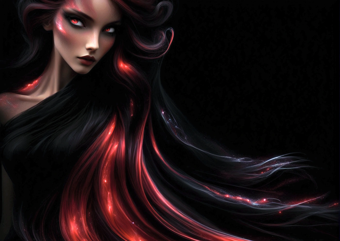a close up of a woman with long hair and a black background, sultry digital painting, glossy digital painting, epic 3 d abstract emo girl, black and red hair, style digital painting, glowing flowing hair, red glowing hair, very long black/red hair, flowing black hair, black red long hair!, swirling black hair, gorgeous digital painting, black dynamic hair