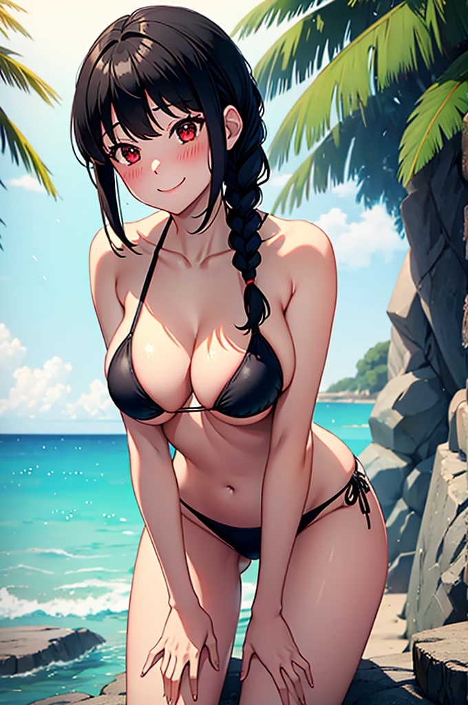 masterpiece, shy,embarrassed,blushed,black medium hair, side braid haircut, red eyes,  shoulders, collarbone, outdoor, seaside,smile,bikini,,plant,leaning forward,