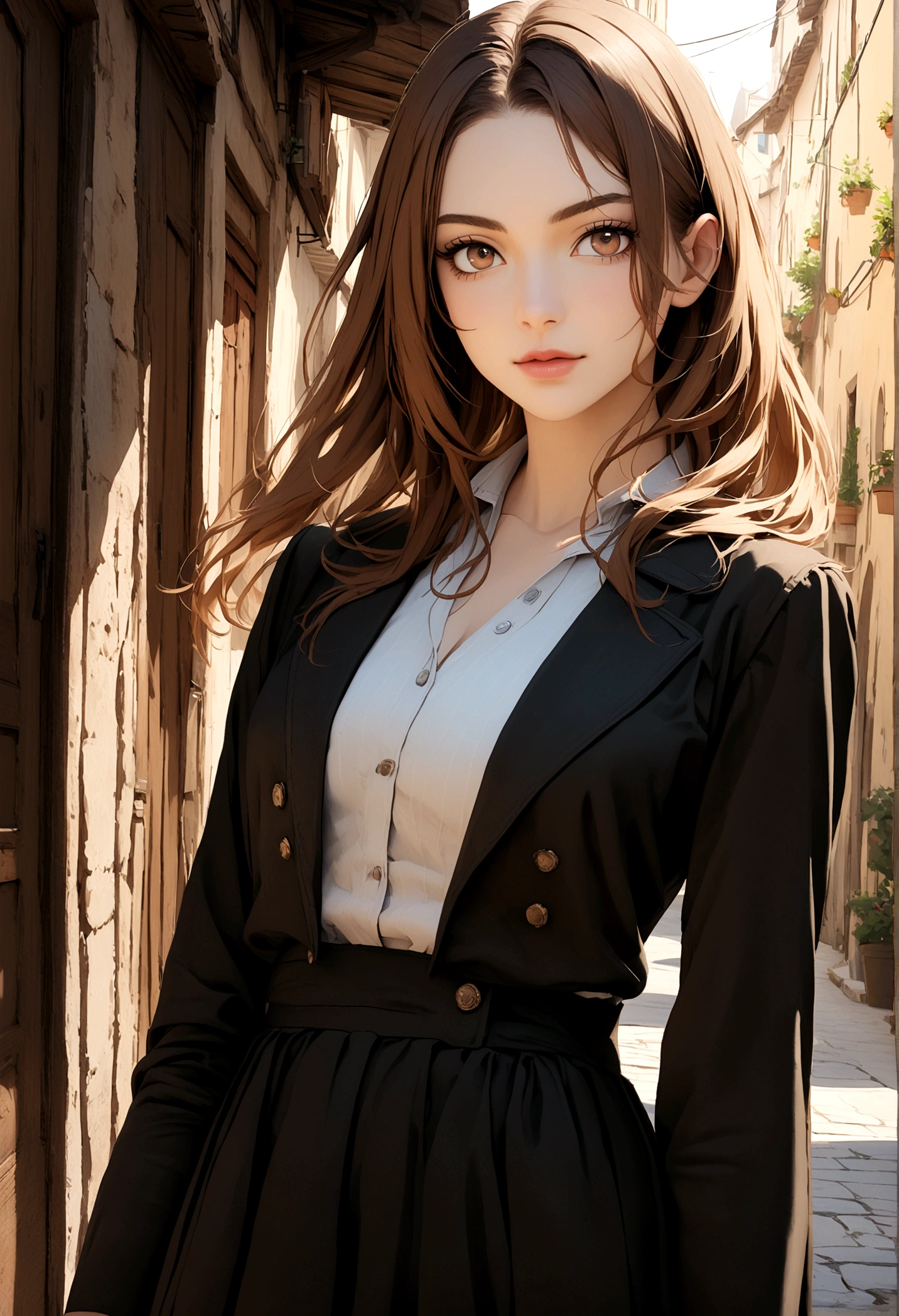 A photo of beautiful italian woman with light makeup with long straight brown hair wearing a black skirt