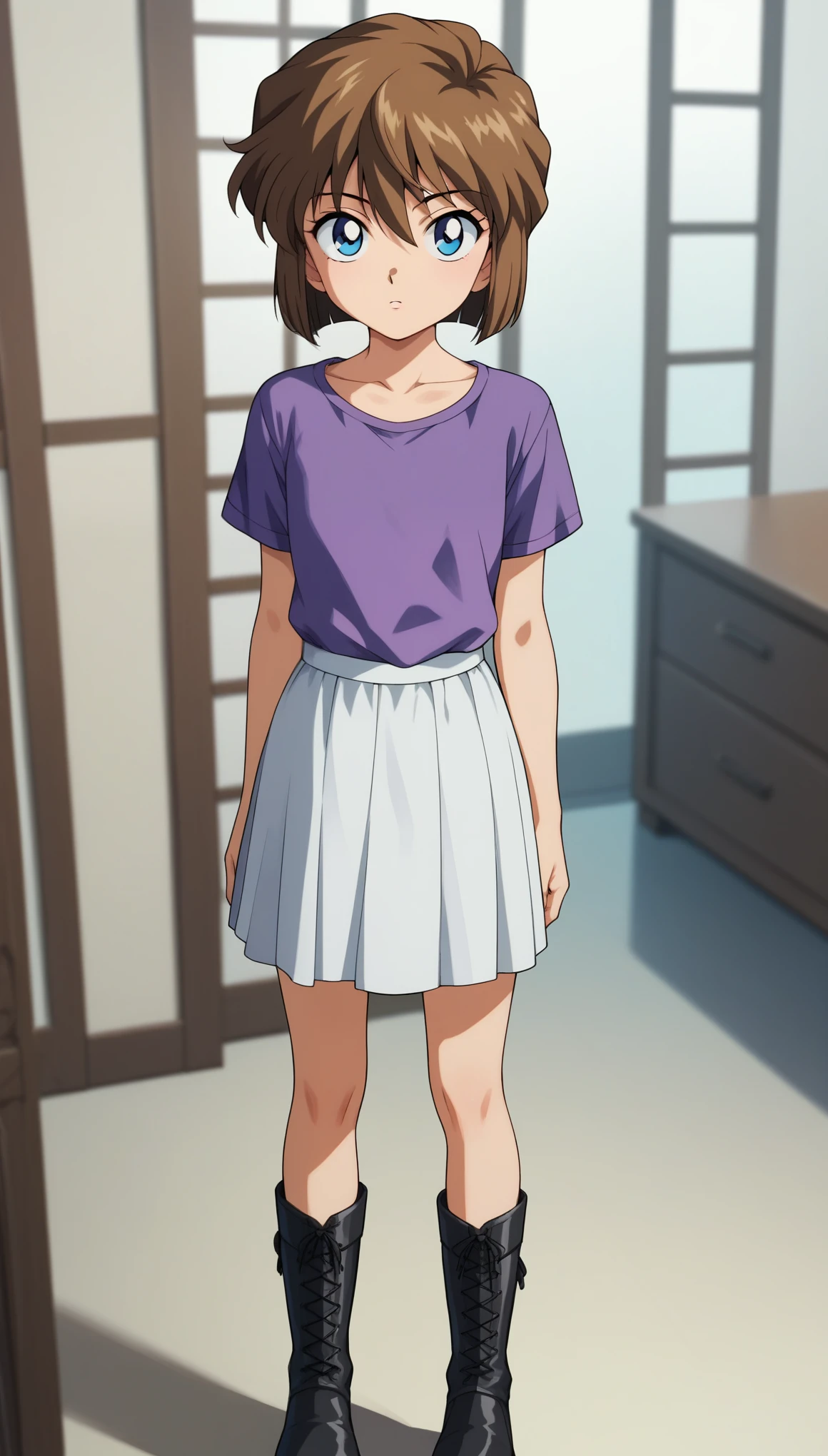 score_9, score_8_up, score_7_up, score_6_up, score_5_up, score_4_up, AiHaibaraDCXL, woman, retro artstyle, big eyes, blue eyes, brown hair, hair between eyes, short hair, flat chest, collarbone, purple shirt, short sleeves, white skirt, black boots, (solo), standing, looking at viewer, indoors