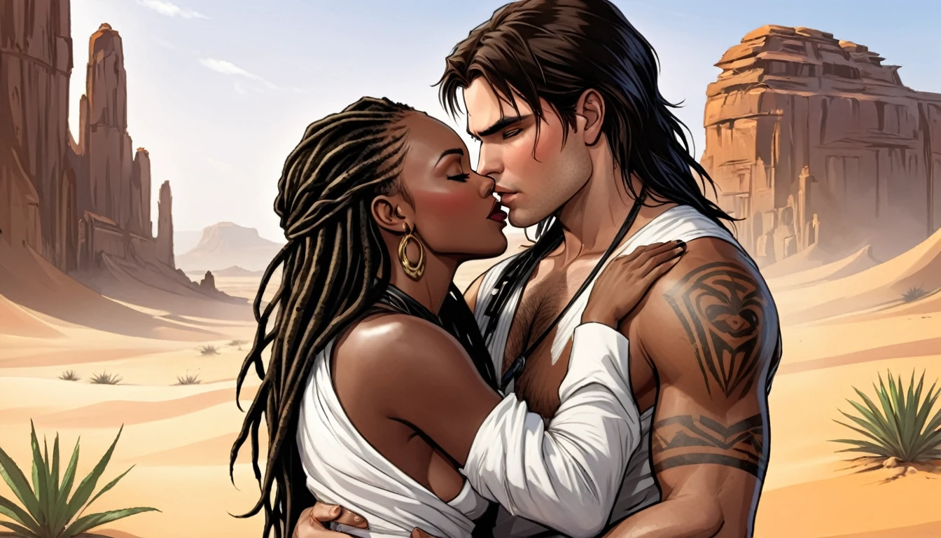 ((highest quality)), ((masterpiece)), (detailed), （Perfect Face）、((The woman is Yuuki Asuna, a dark-skinned tribal woman with light brown hair, naked body, dark brown painted skin, and indigenous patterns painted all over her body.))、（A woman passionately embraces a tribal man and shares a deep kiss with him）、（The man embraces the woman passionately, touches her breasts, caresses her and kisses her deeply.）、Women are naked and wear bone jewelry, tribal earrings, tribal necklaces and tribal accessories.、（The man is a burly black-skinned tribal chief, naked and painted with his huge penis and testicles.）、The man is wearing the luxurious costume and accessories of a tribal chief、Tribal villages