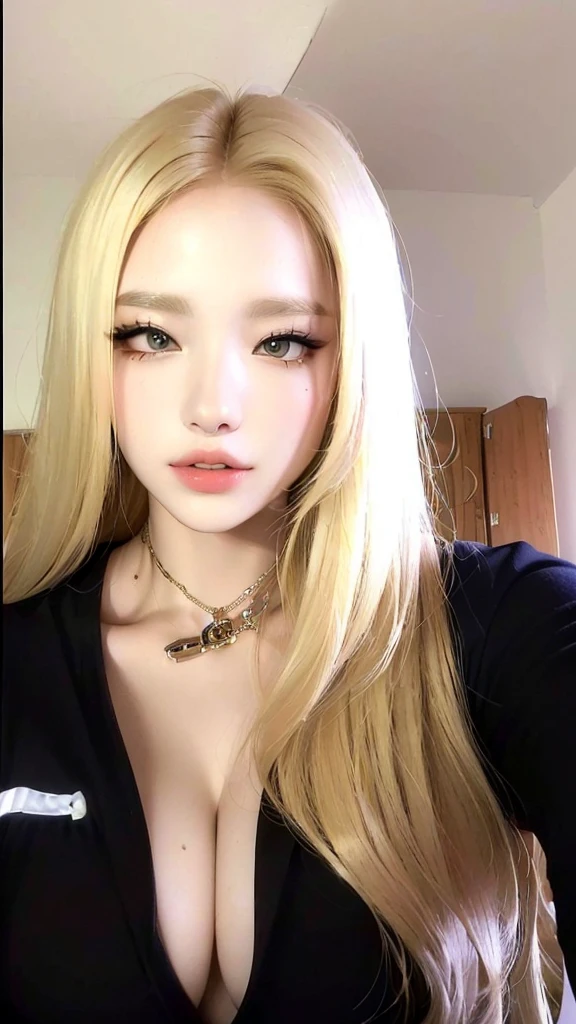 um close de uma mulher with long blonde hair usando um sutiã amarelo, longos blonde hair and large eyes, long blonde hair and large eyes, blonde hair and large eyes, korean, linda mulher sul-korean, linda jovem korean, with long blonde hair, 8k selfie photograph, she is bullshit, look sexy at the camera, blonde and attractive features