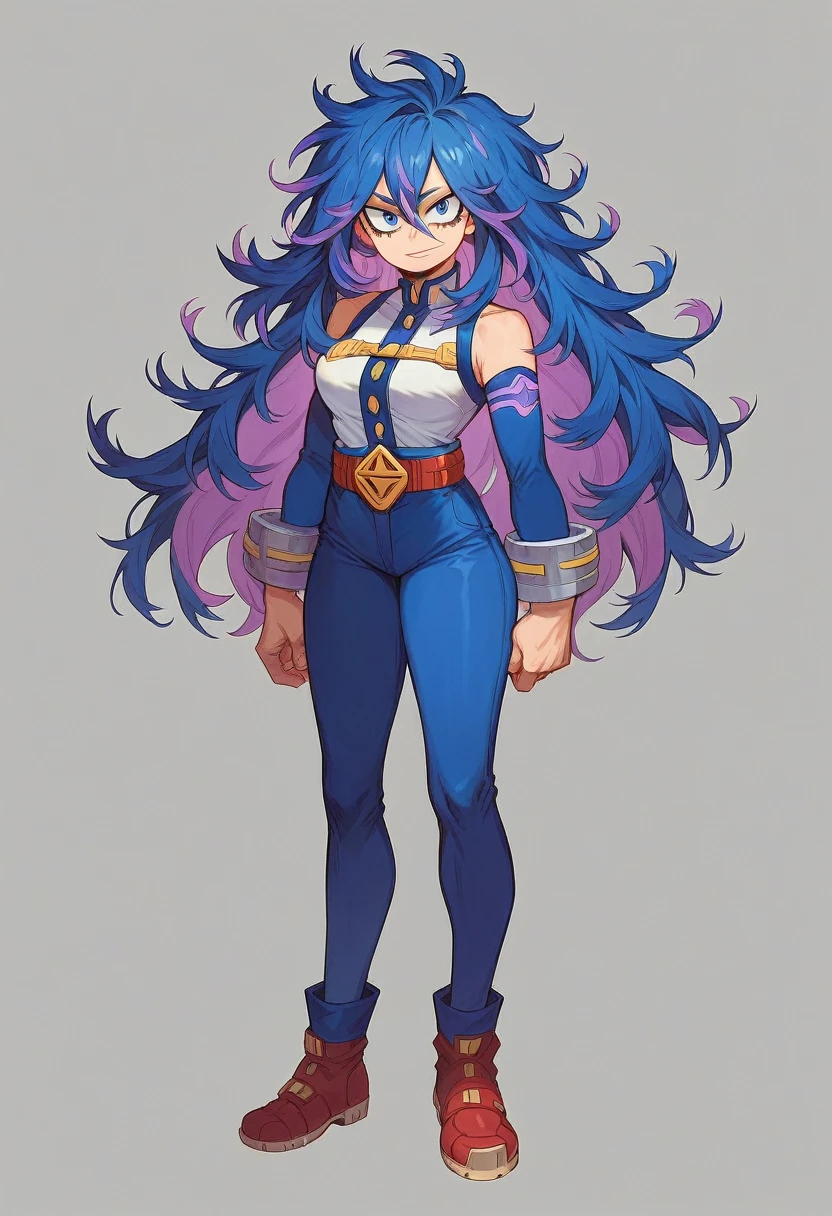 Screenshot of the anime Boku No Hero Academia, my hero academia a full body girl with long almost black blue hair with purple highlights , with sapphire blue eyes and purple stained purple villainous eyes with long eyelashes