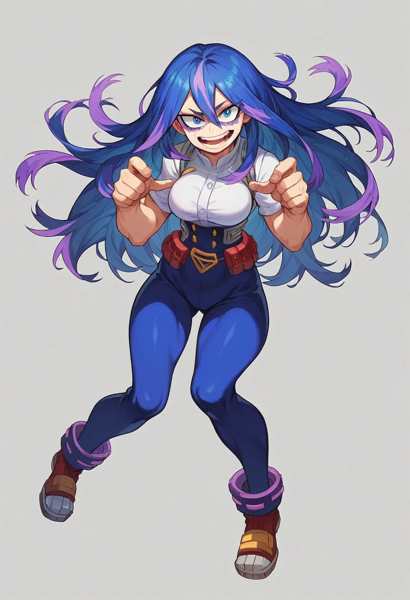 Screenshot of the anime Boku No Hero Academia, my hero academia a full body girl with long almost black blue hair with purple highlights , with sapphire blue eyes and purple stained purple villainous eyes with long eyelashes