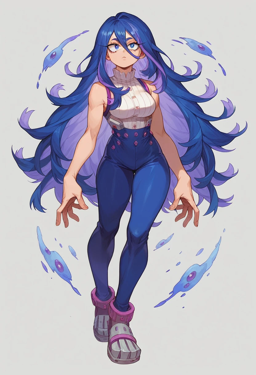 Screenshot of the anime Boku No Hero Academia, my hero academia a full body girl with long almost black blue hair with purple highlights  , with sapphire blue eyes and purple stained purple villainous eyes with long eyelashes 