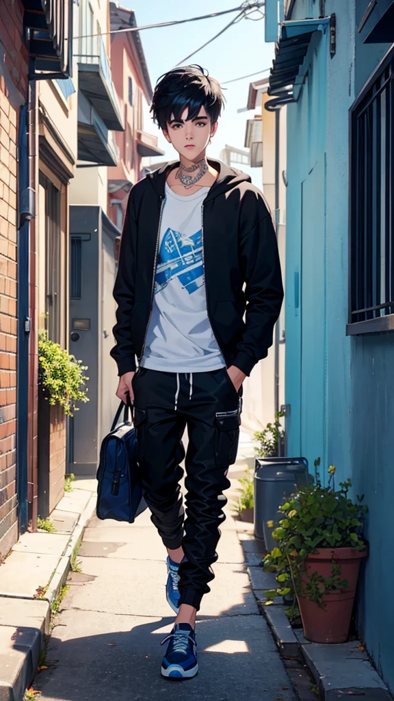 Pretty boy, justin bieber hair, black hair ,Blue sweatshirt, in an alley