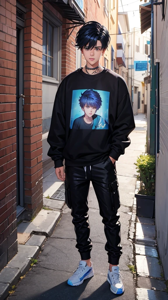 Pretty boy, justin bieber hair, black hair ,Blue sweatshirt, in an alley