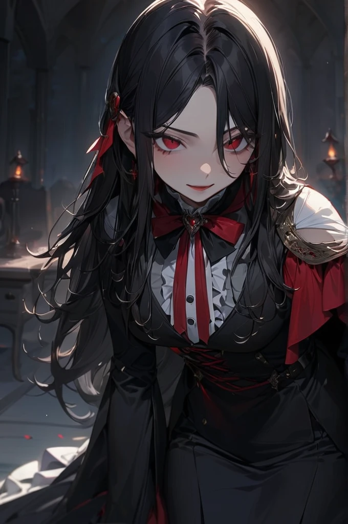 ((Highest quality)), ((masterpiece)), (detailed), （Perfect Face）、The woman is Princess Leona, a vampire and Countess of Dracula, with medium-long light brown hair and a Countess of Dracula costume with a vampire cloak.、A woman is embracing the majestic vampire Count Dracula