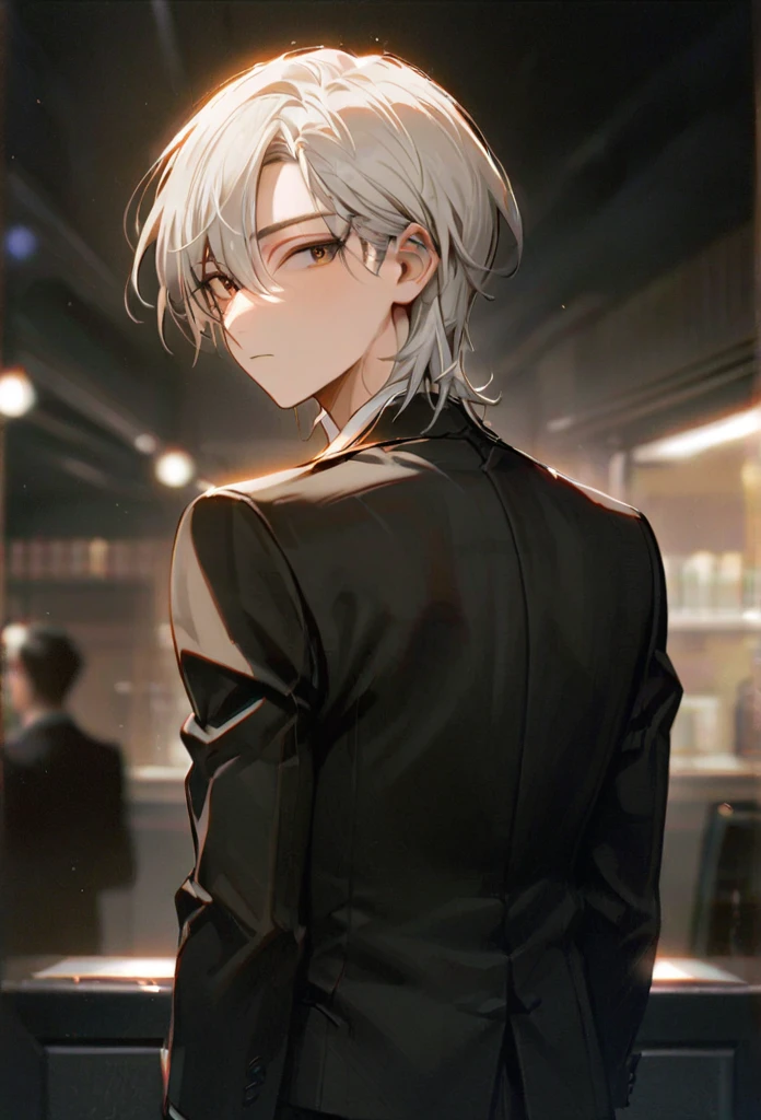 Half body portrait of a young man short Smoky white hair, brown eyes, wears an all black suit. Stand and look back. Look back. Half-body image. Look back. ยืนท่ามกลางความวุ่นวาย
