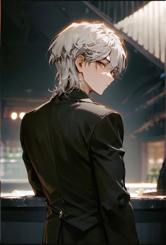Half body portrait of a young man short Smoky white hair, brown eyes, wears an all black suit. Stand and look back. Look back. Half-body image. Look back. ยืนท่ามกลางความวุ่นวาย