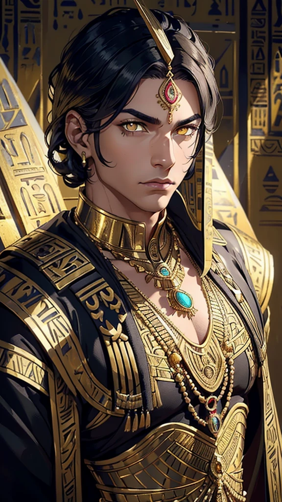 Youngh naughty man, male, Egyptian, dark-skinned, Anubis, (Bblack hair:1.2, Egyptian hair style, detailed short hair), (((yellow  eyes:1.3))), intricate eyes, beautiful detailed Olhos, symmetrical Olhos, big eyes:1.5, handsome naughty man, naughty man:1.5, 1 naughty man, (male, Muscle, 1 naughty man, 1 naughty man, breastplate, naughty man chest, muscular), Youngh, ((1 male, 1 male, 1 naughty man, naughty man, male gender:1.5, handsome naughty man, male focus)),

serious face, mysterious,

(trajes Egyptians, Anubis ornaments), (brawny), pointy ears like Anubis, (((intricate outfit, intricate clothes, embroidered clothing, ornate outfit, Embroidered clothes, ornate clothes))), (((crystal clothing, trajes Egyptians, gold and black outfit))),

(dynamic pose:1.0), serious and majestic, (centred, scale to fit dimensions, rule of thirds),

((templo Egyptian, wasteland, atmosfera mysterious)), scenario:1.25, intricate scenario, ((egyptian temple background)),

(Glossy ornamentos Egyptians), high resolution, sharp focus, (ultra detaild, extremely detaild), (photorealistic art:1.37), (extremely detaild CG unity 8k wallpaper), (((swirly vibrant colors, vibrant theme))), (intricate), (work of art), (best qualityer), artistic photography, (photograph taken by sldr), (intricate background), perfect rendered face, perfect face details, lifelike face, photo realist, ((intricate detail)), (((Reality))).