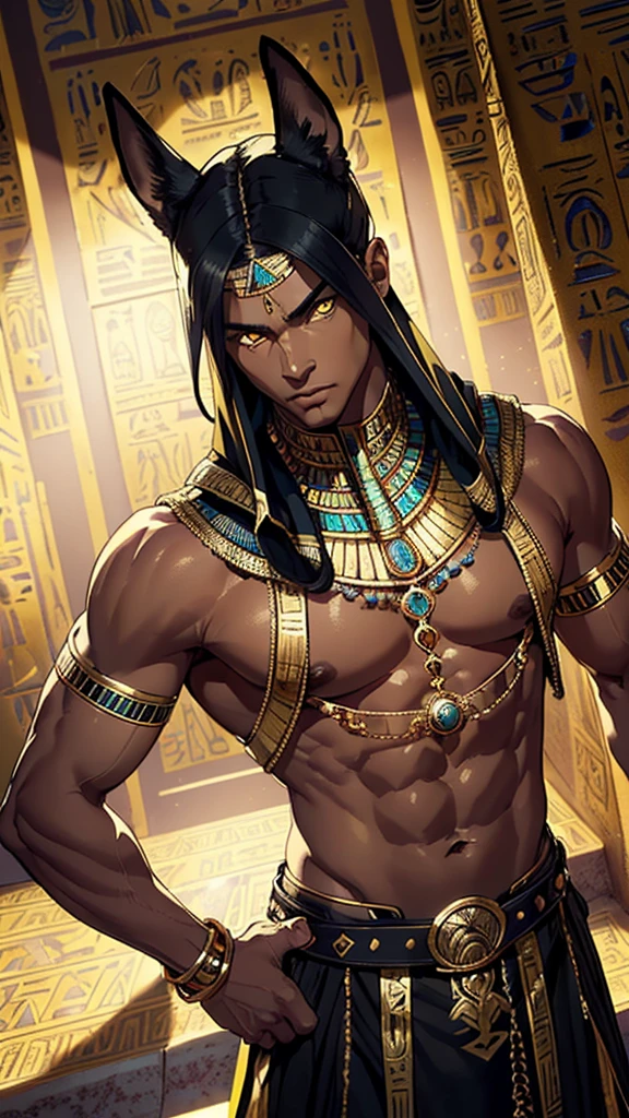 Youngh naughty man, male, Egyptian, dark-skinned, Anubis, (Bblack hair:1.2, Egyptian hair style, detailed short hair), (((yellow eyes:1.3))), intricate eyes, beautiful detailed Olhos, symmetrical Olhos, big eyes:1.5, handsome naughty man, naughty man:1.5, 1 naughty man, (male, Muscle, 1 naughty man, 1 naughty man, breastplate, naughty man chest, muscular), Youngh, ((1 male, 1 male, 1 naughty man, naughty man, male gender:1.5, handsome naughty man, male focus)),
serious face, mysterious,
(trajes Egyptians, Anubis ornaments), (brawny), pointy ears like Anubis, (((intricate outfit, intricate clothes, embroidered clothing, ornate outfit, Embroidered clothes, ornate clothes))), (((crystal clothing, trajes Egyptians, gold and black outfit))),
(dynamic pose:1.0), serious and majestic, (centred, scale to fit dimensions, rule of thirds),
((templo Egyptian, wasteland, atmosfera mysterious)), scenario:1.25, intricate scenario, ((egyptian temple background)),
(Glossy ornamentos Egyptians), high resolution, sharp focus, (ultra detaild, extremely detaild), (photorealistic art:1.37), (extremely detaild CG unity 8k wallpaper), (((swirly vibrant colors, vibrant theme))), (intricate), (work of art), (best qualityer), artistic photography, (photograph taken by sldr), (intricate background), perfect rendered face, perfect face details, lifelike face, photo realist, ((intricate detail)), (((Reality))).