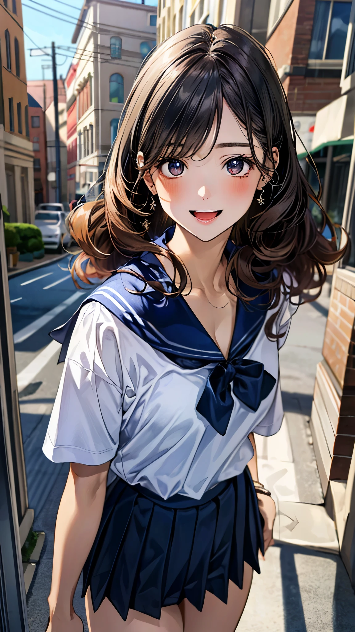 (masterpiece:1.3, top-quality, ultra high res, ultra detailed), (realistic, photorealistic:1.4), beautiful illustration, perfect lighting, natural lighting, colorful, depth of fields, ,
beautiful detailed hair, beautiful detailed face, beautiful detailed eyes, beautiful clavicle, beautiful body, beautiful chest, beautiful thigh, beautiful legs, beautiful fingers, shiny skin,
looking at viewer, 1 girl, high school girl, (perfect anatomy, anatomically correct, super detailed skin), cute and symmetrical face, babyface, perfect face, perfect eyes, ,
(long hair, curly hair, sideburns:1.4, navy hair), parted bangs:0.2, black eyes, slant eyes, big eyes, long eye lasher, (large breasts, seductive thighs), , skin dendation,
detailed cloth texture, short sleeve, sailor suit, pleated skirt, 2 red hairpin,
(beautiful scenery), summer, evening, (downtown:1.1), standing, (hair twirling), (happy smile, upper eyes, open mouth small),