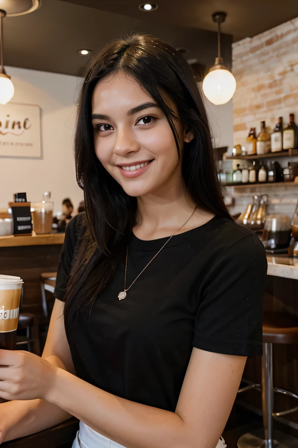 a girl with black hair in a coffe bar with beautiful smile