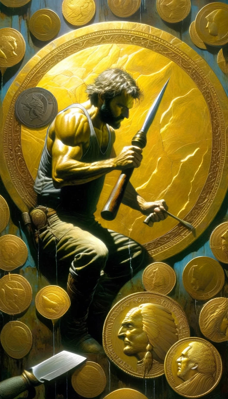 man works with hammer and chisel a large gold coin, around it there are seven other coins,(Dave Mckean inspired art, intricate details, oil painting)
