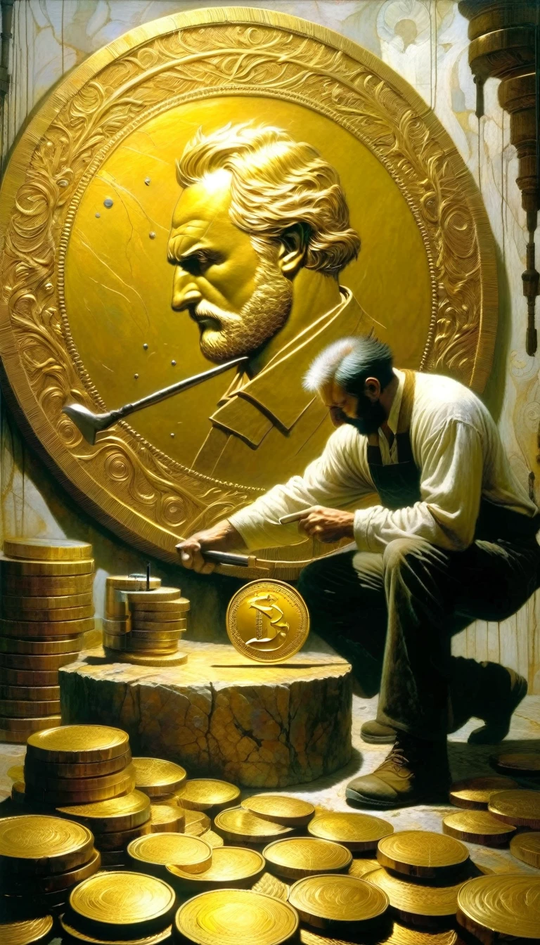 man works with hammer and chisel a large gold coin, around it there are seven other coins,(Dave Mckean inspired art, intricate details, oil painting)