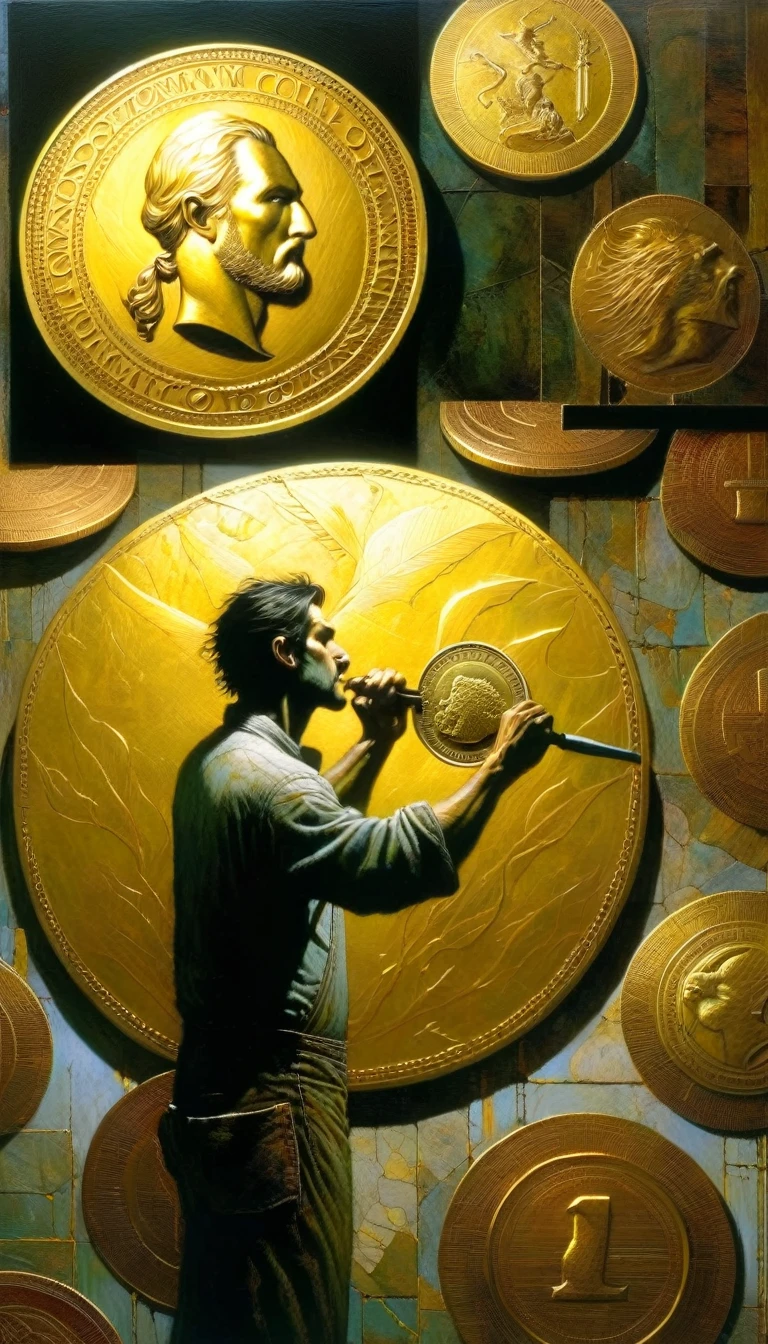 charity-generosity-sharing-exercising power, 6 gold coins in the scene (Dave Mckean inspired art, intricate details, oil painting)
