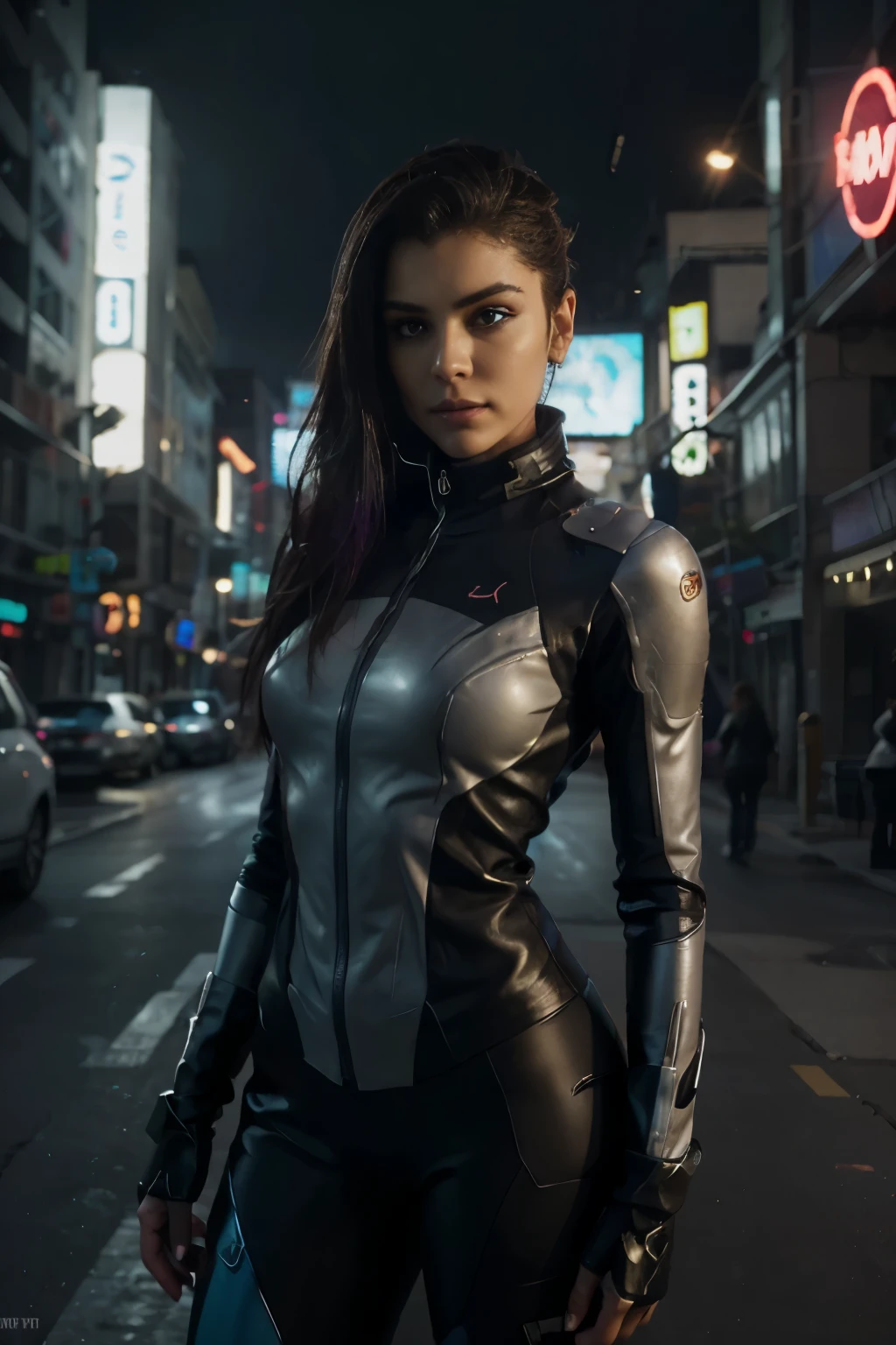 Capture the essence of Sovia, a fierce and futuristic character born from the fusion of Sombra and Samus. Show her in a full-length portrait in an alien city, wearing a state-of-the-art cyber hacker suit that perfectly matches his high-tech power suit. Emphasize realistic, detailed elements in the portrait to highlight the complex design and your confident aura.