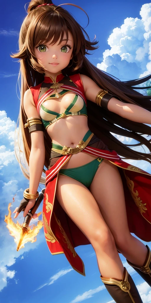 Cute brown Woman, with hair made of fire, green eyes like light, flying, sky Background